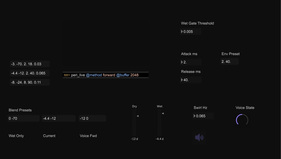 PERI live inference patch, Max/MSP with nn~